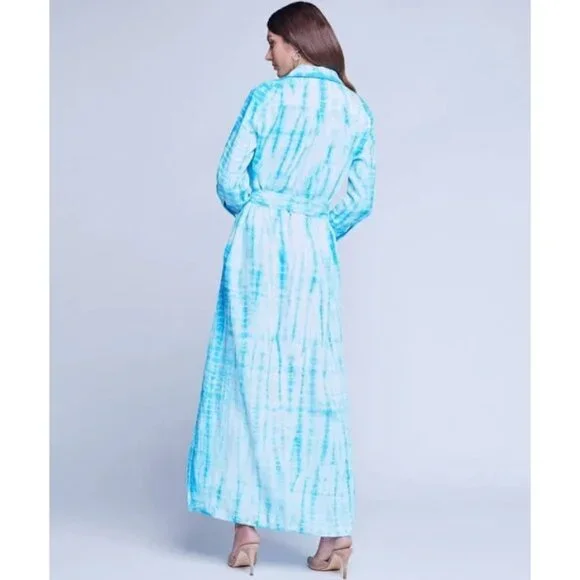 L'Agence Cameron in Aqua Bamboo Tie Dye Linen Belted Maxi Shirt Dress M